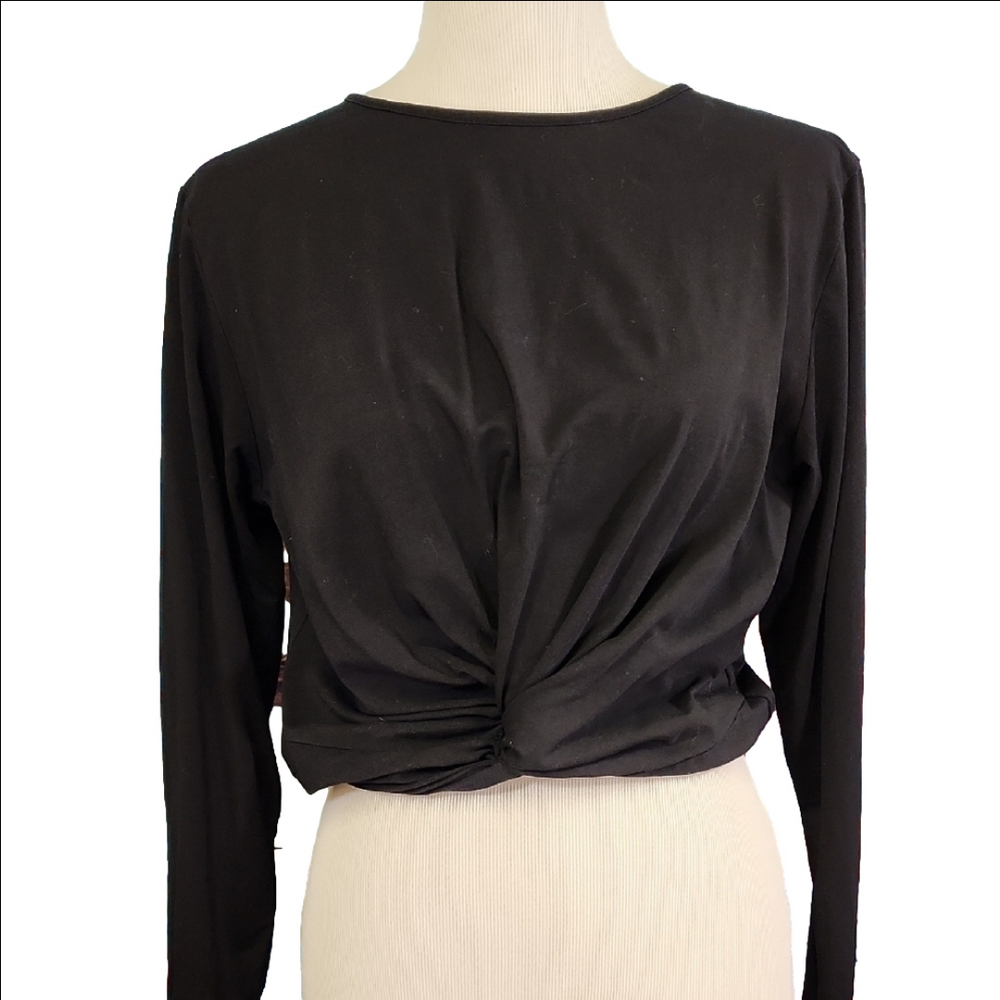R. VIVIMOS Black Long Sleeve Crew Neck Tie Front Blouse SIZE XL